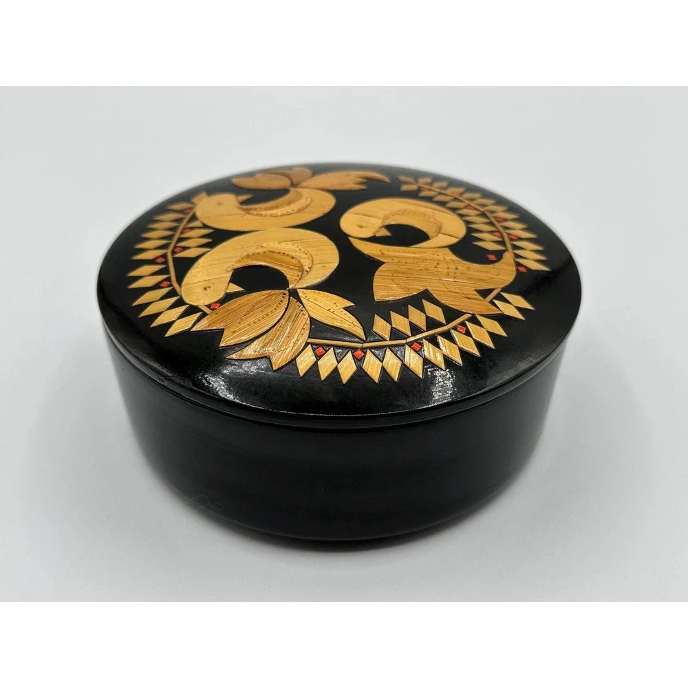 Vintage Black Lacquer Straw Marquetry Bird Trinket Box Round Folk Art 5x2